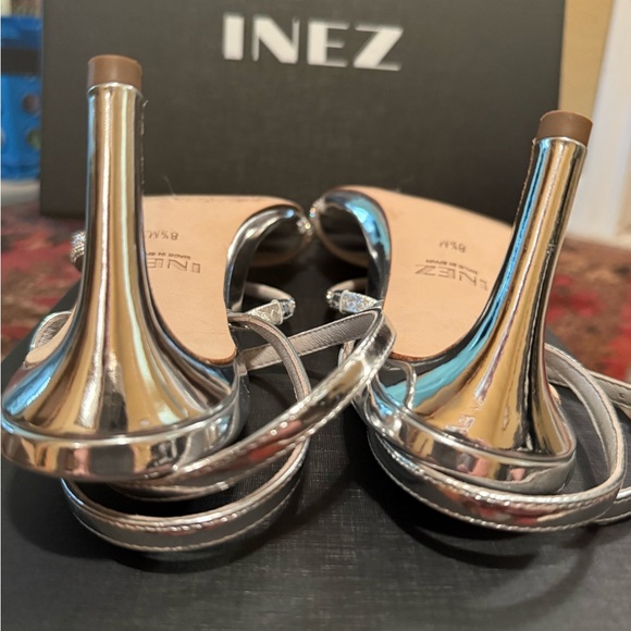 INEZ Sofia Silver Metallic Mid-Heel Sandals with Crystals - Picture 6 of 9